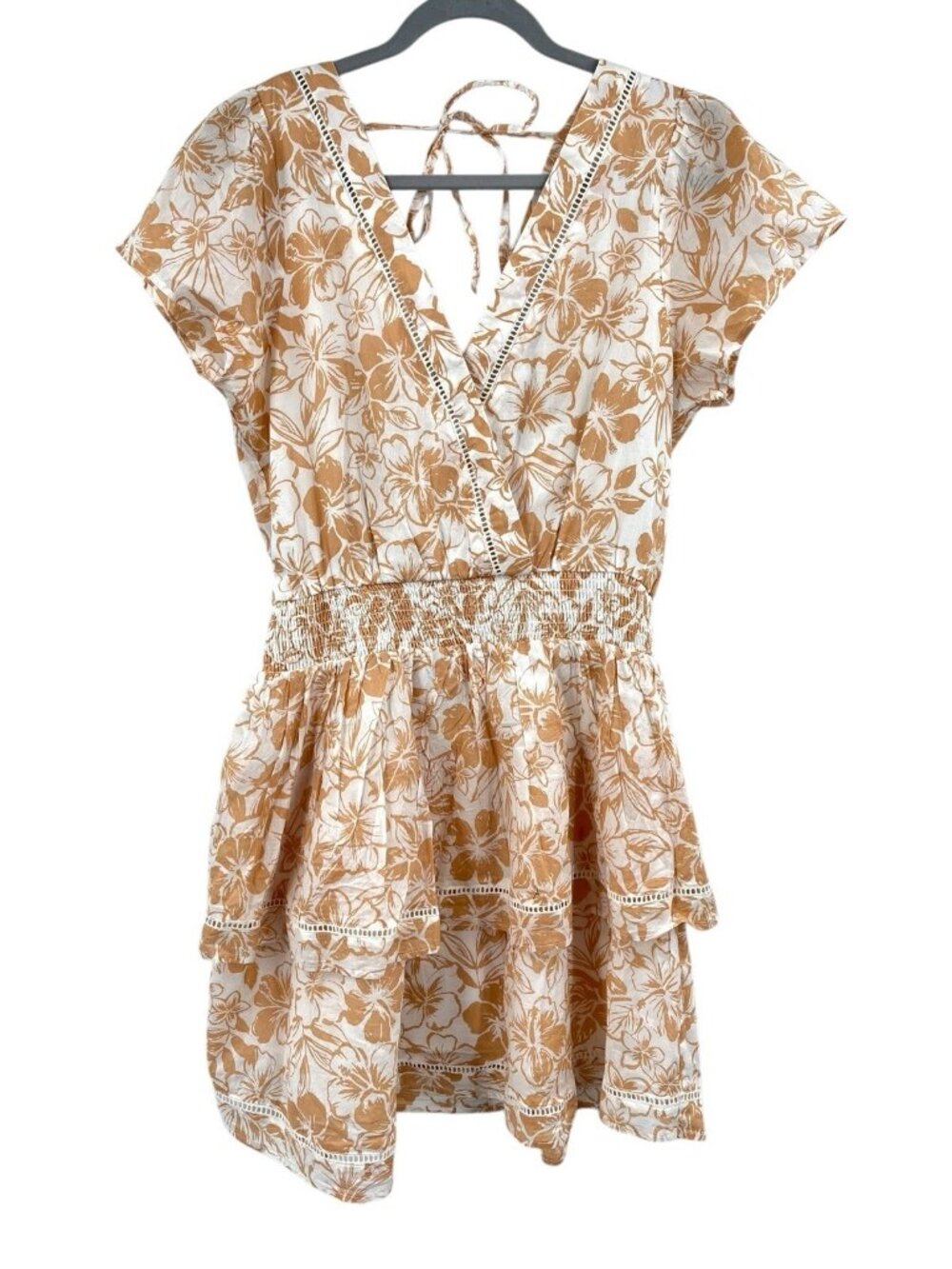 AMERICAN EAGLE Women's Tan White Floral Double V-Neck Tiered Short Dress NWT Med - Picture 8 of 8